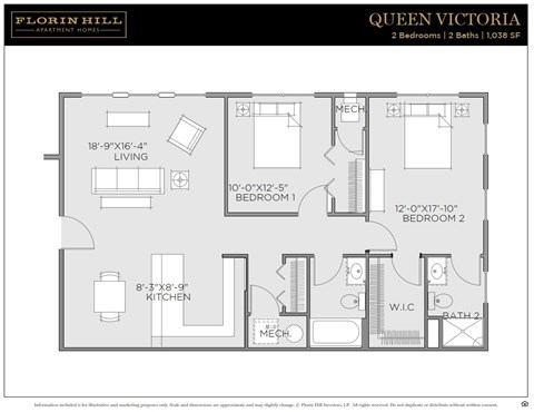 Floor plan for 2 beds, 2 baths, 1038 sqft